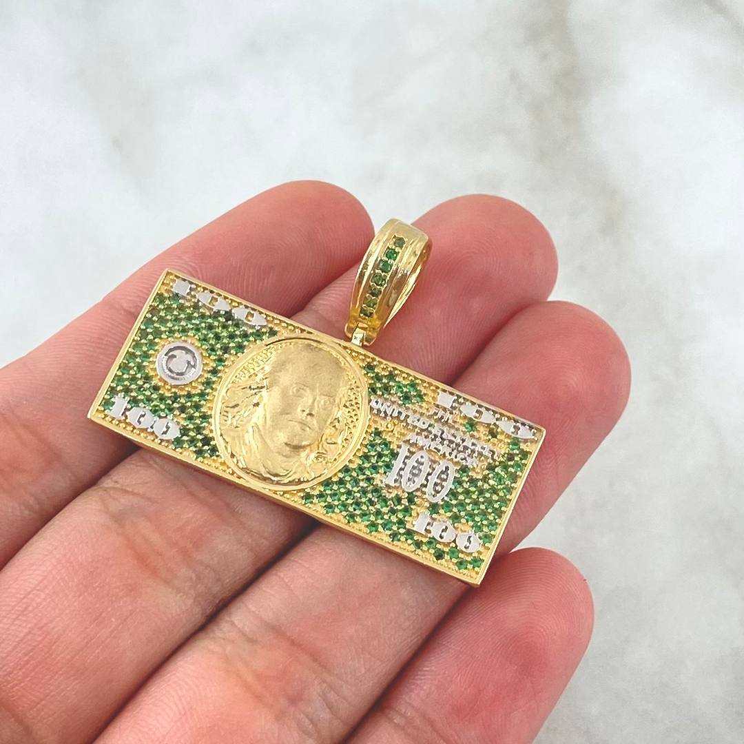 Dije Dólar 9.05gr / 2.8cm / Circones Verdes Dos Oros Amarillo Blanco 18K ©