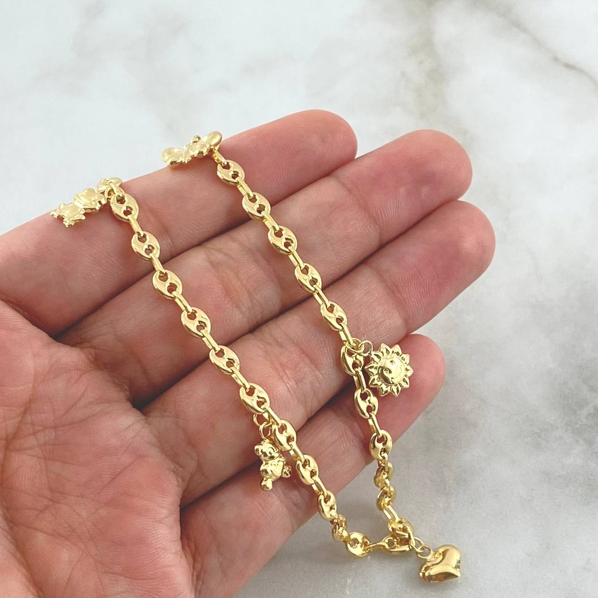 Tobillera GC Calabrote 5.1gr / 25.5cm / 4.5mm "Rana - Oso - Corazón - Sol - Mariposa" Oro Amarillo 18K