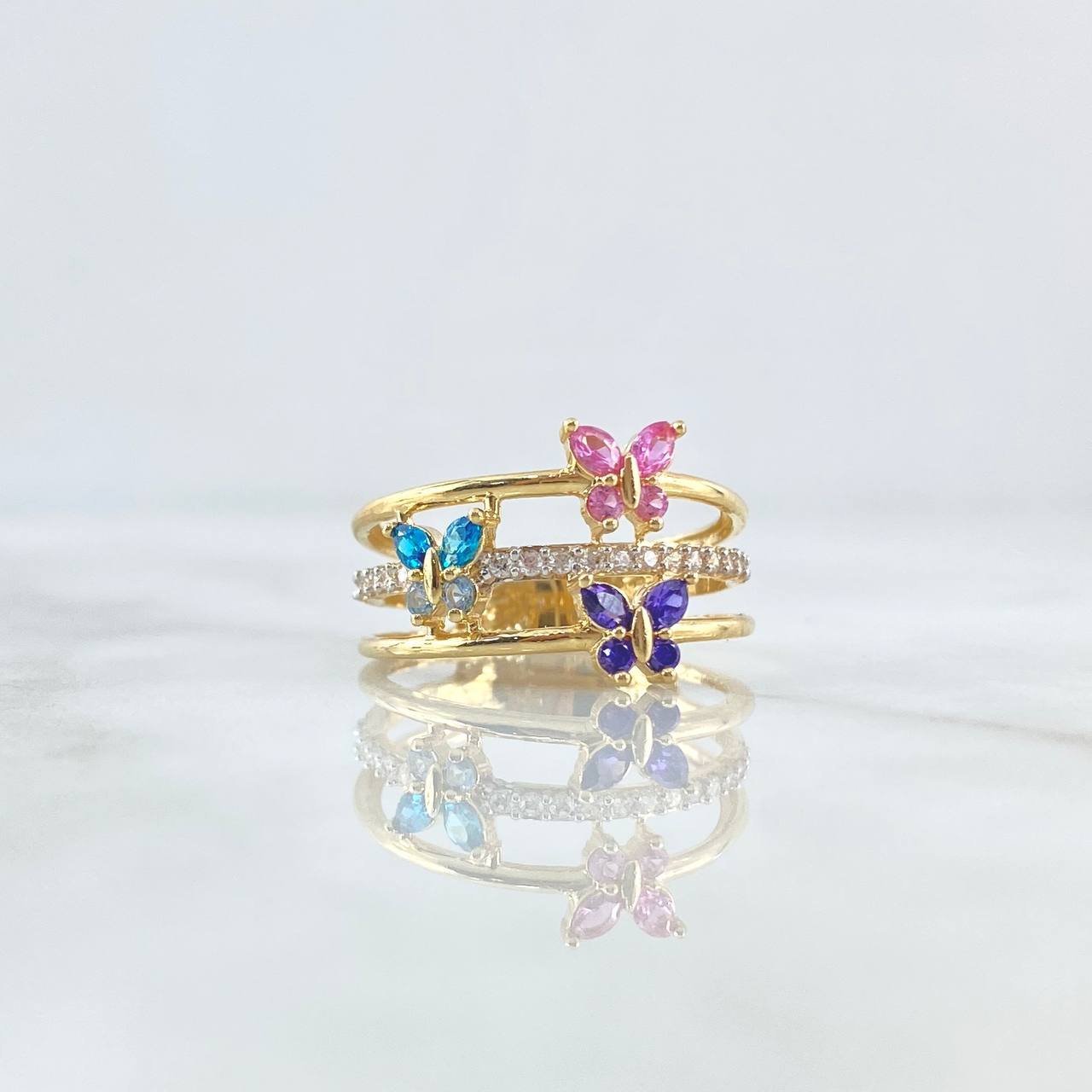 Anillo Mariposas Tres Lineas 4.4gr / T7 1/4 / Circones Blancos Rosados Azules Morado Oro Amarillo 18K