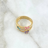 Anillo Mariposas Tres Lineas 4.4gr / T7 1/4 / Circones Blancos Rosados Azules Morado Oro Amarillo 18K