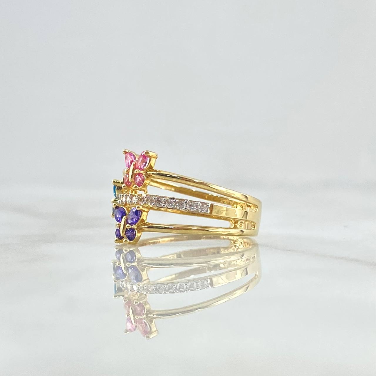 Anillo Mariposas Tres Lineas 4.4gr / T7 1/4 / Circones Blancos Rosados Azules Morado Oro Amarillo 18K