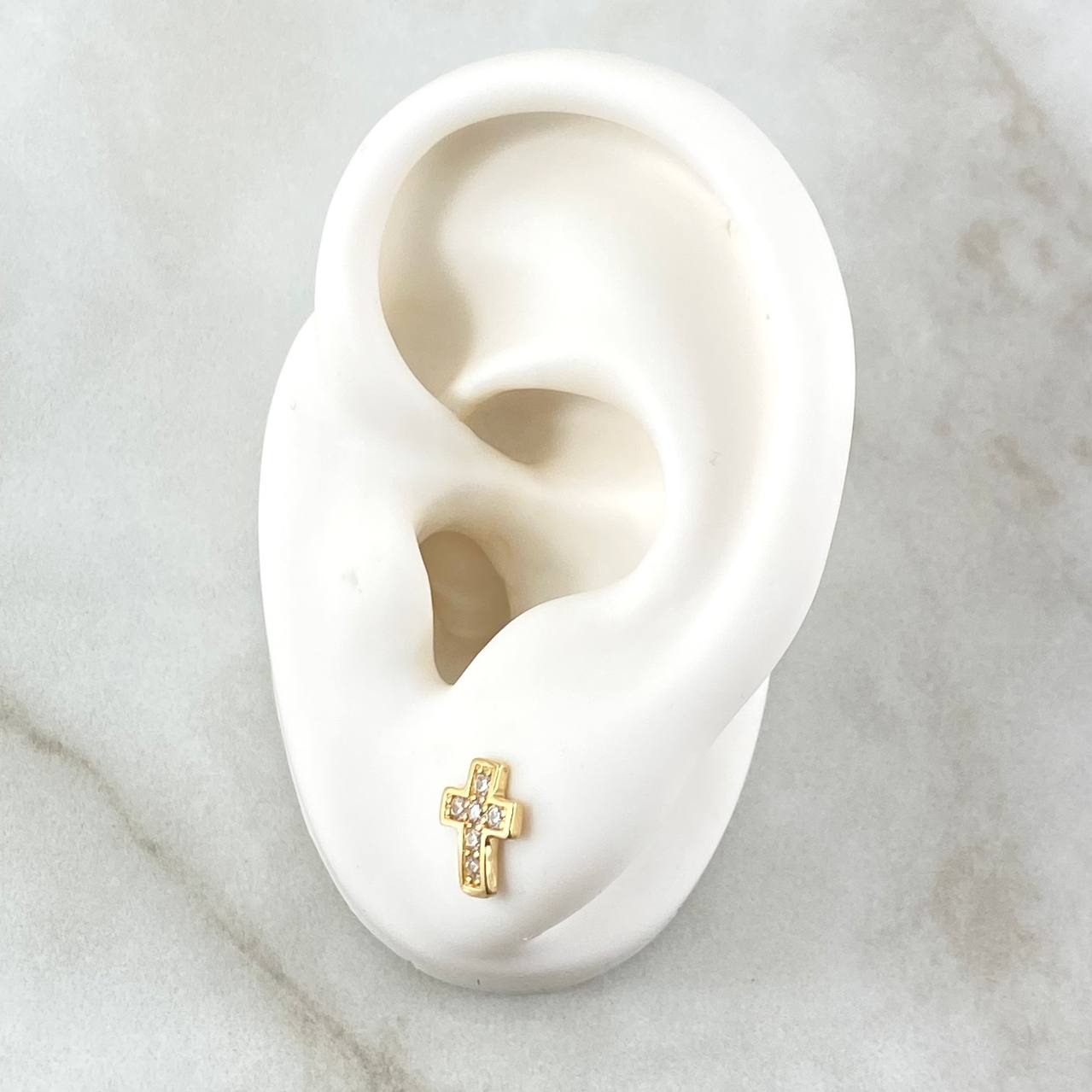 Topos Cruz Marco Curvo 1.55gr / 9mm Circones Blancos Broche Mariposa Oro Amarillo 18K