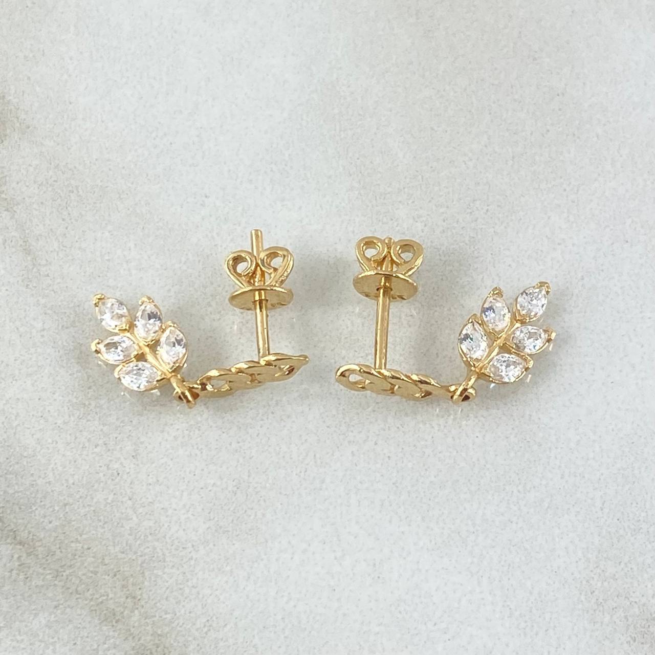 Topos Cubano Laurel Colgante 1.9gr / 2cm / Circones Blancos Broche Mariposa Oro Amarillo 18K