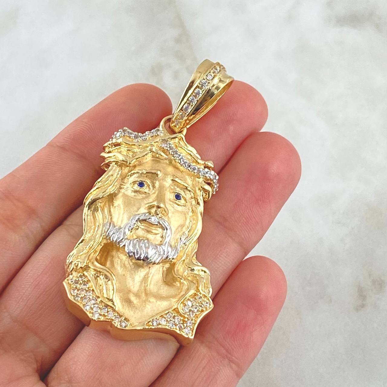 Dije Rostro de Jesús 19.5gr / 2.8cm-6cm / Circones Blancos Oro Amarillo 18K ©
