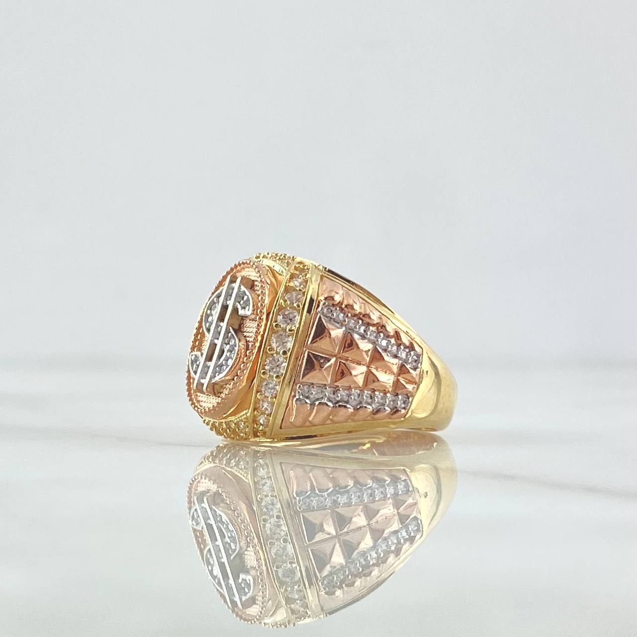 Anillo Sello Signo Dólar 10.35gr / T9 1/2 / Circones Blancos Tres Oros 18K