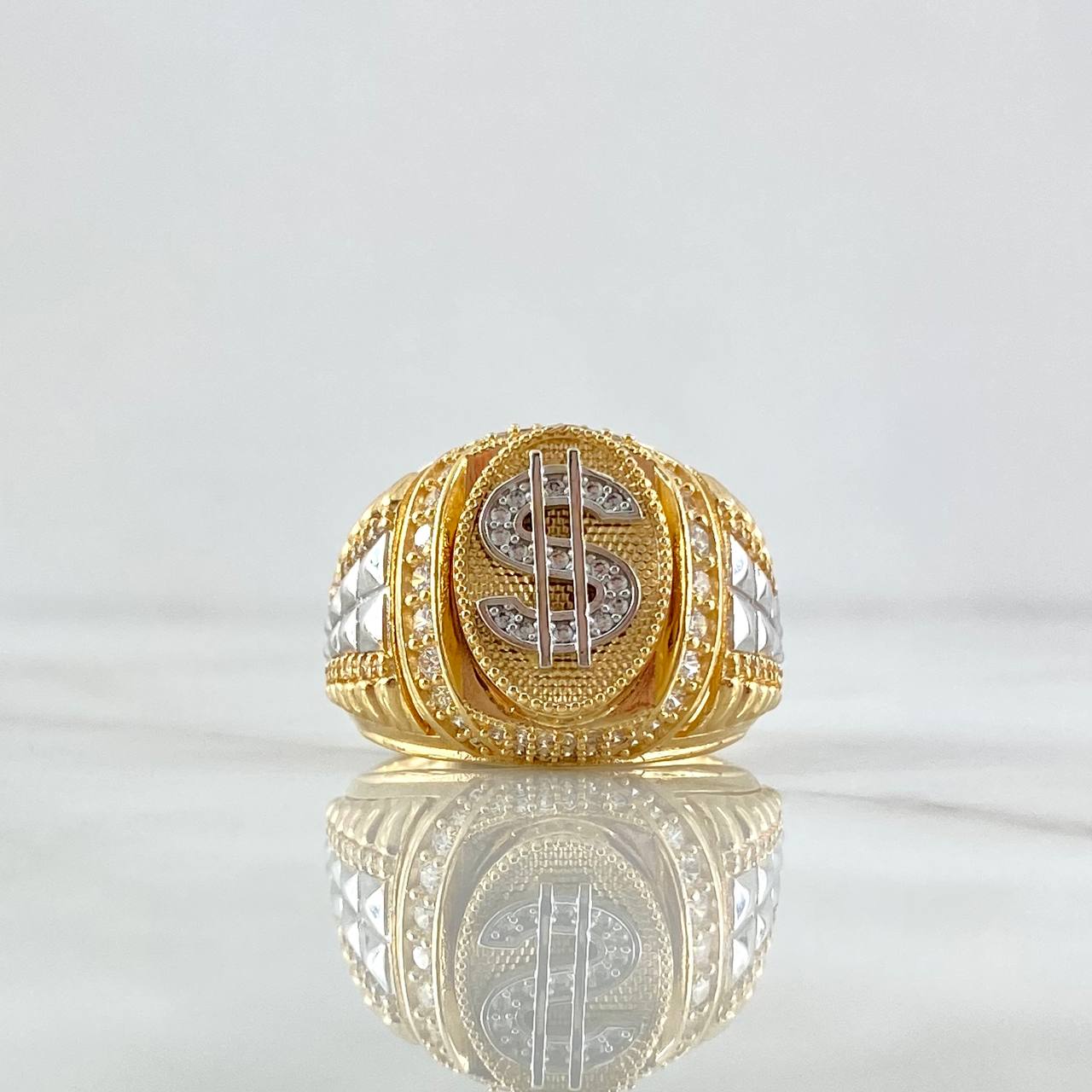 Anillo Sello Signo Dólar 10.45gr / T9 3/4 / Circones Blancos Dos Oros Amarillo Blanco 18K