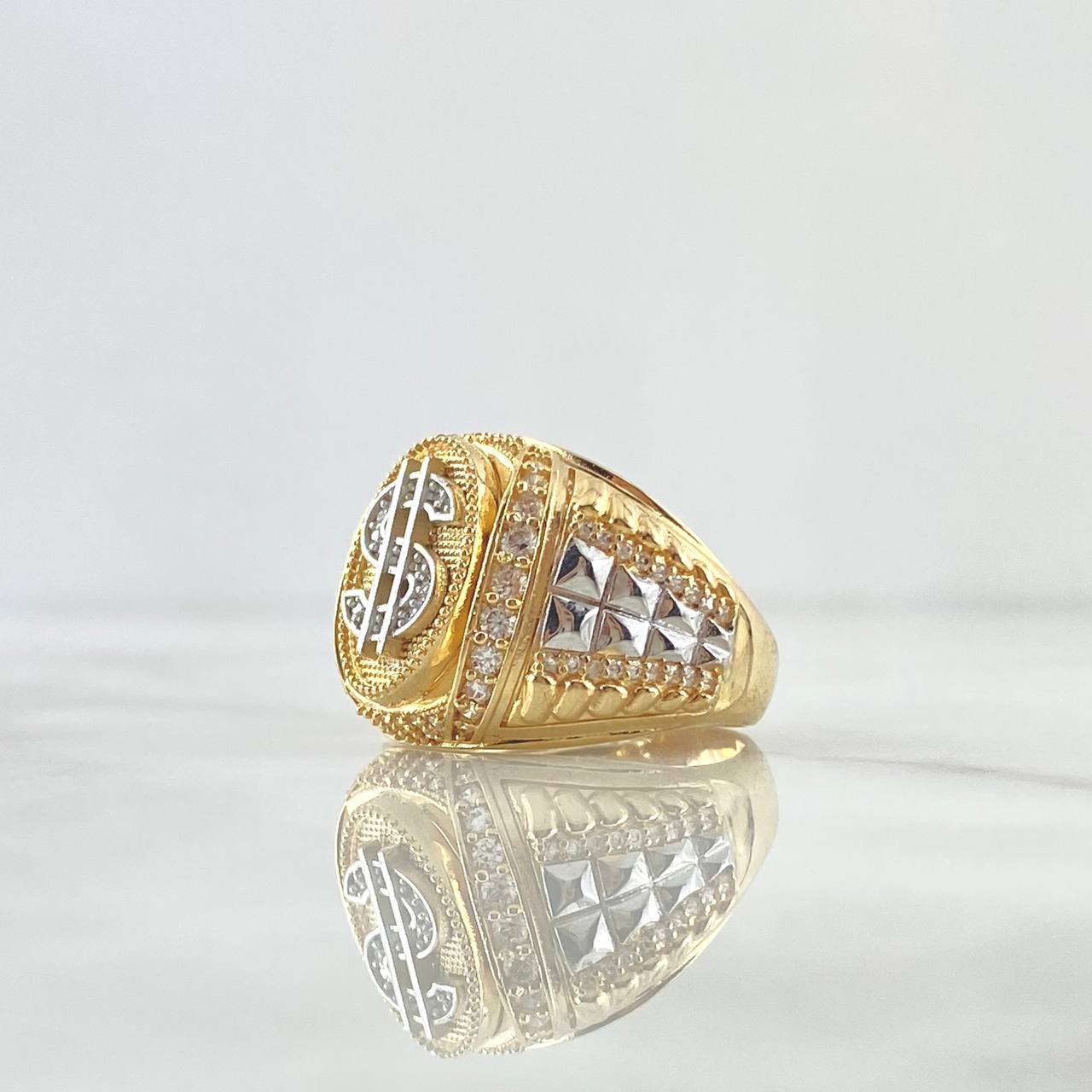 Anillo Sello Signo Dólar 10.45gr / T9 3/4 / Circones Blancos Dos Oros Amarillo Blanco 18K