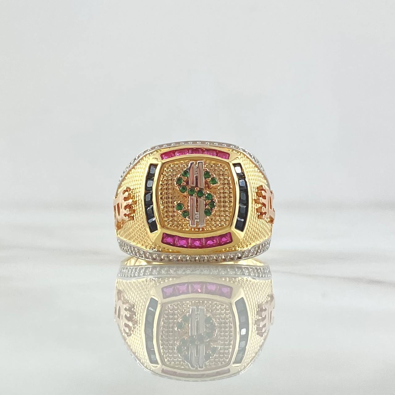 Anillo Sello Signo Dólar 10.8gr / T9 3/4 / Abultado Circones Multicolor Tres Oros 18K *