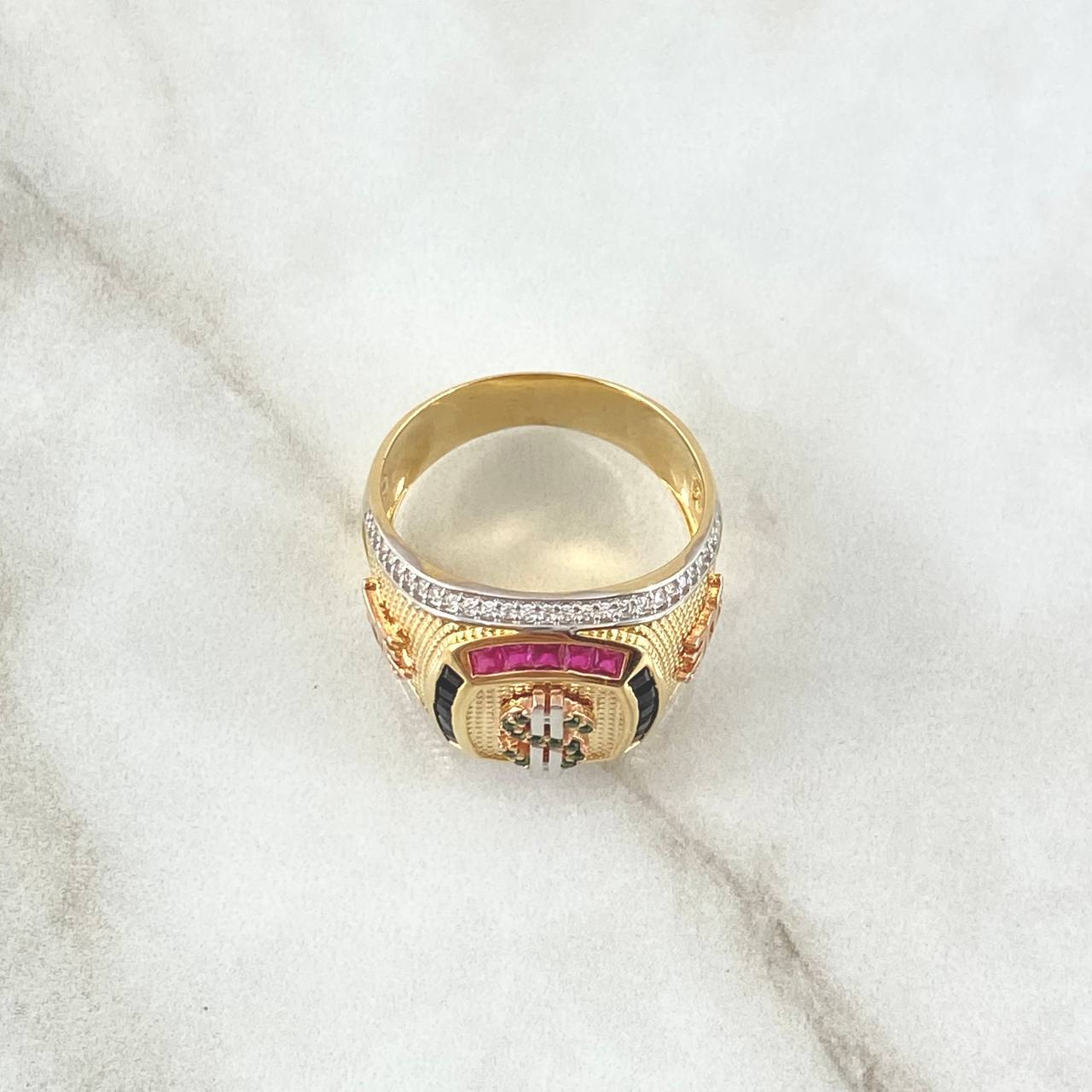 Anillo Sello Signo Dólar 10.8gr / T9 3/4 / Abultado Circones Multicolor Tres Oros 18K *