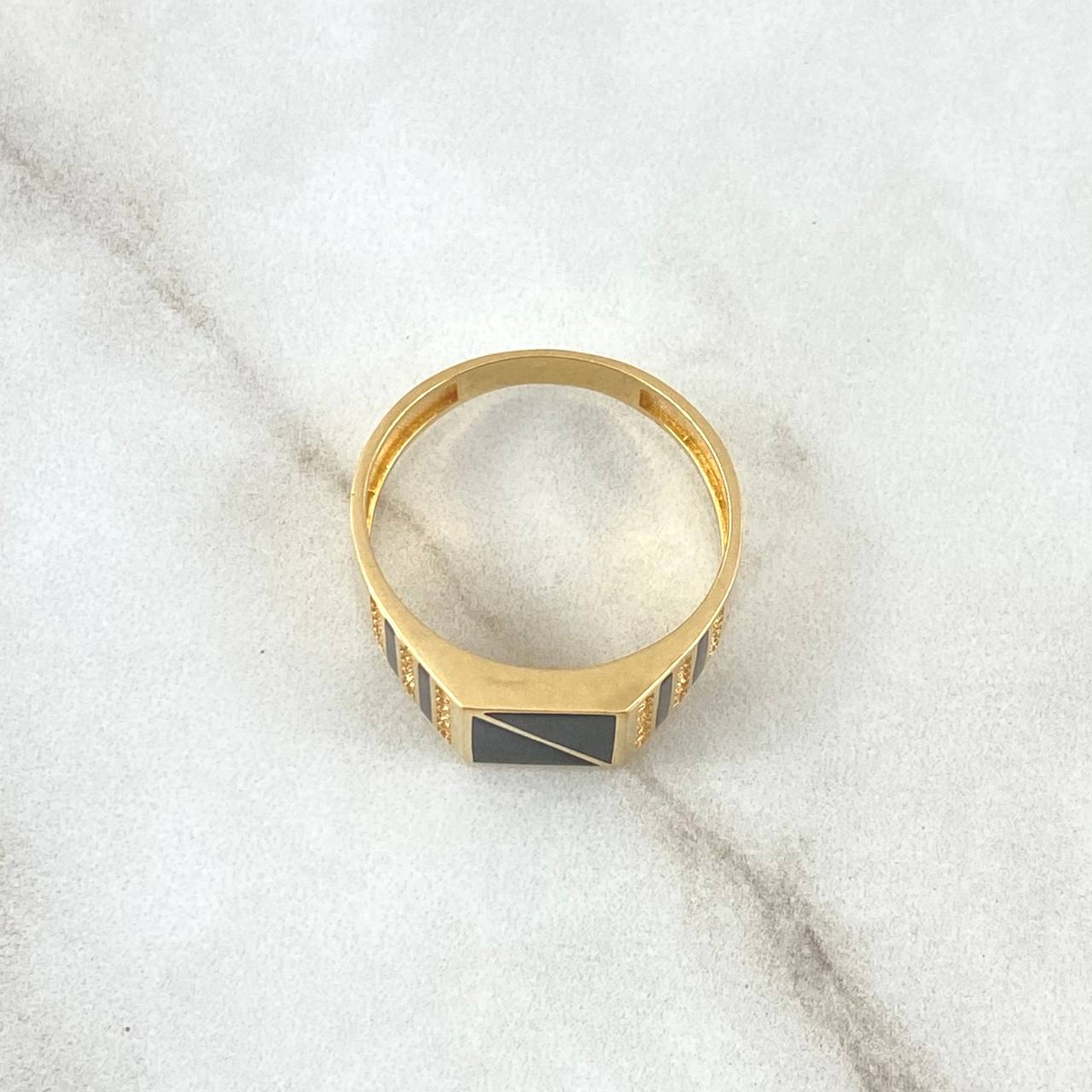 Anillo Cuadro Dividido 4.15gr / T10 1/4 / Resina Negra Circones Blancos Oro Amarillo 18K
