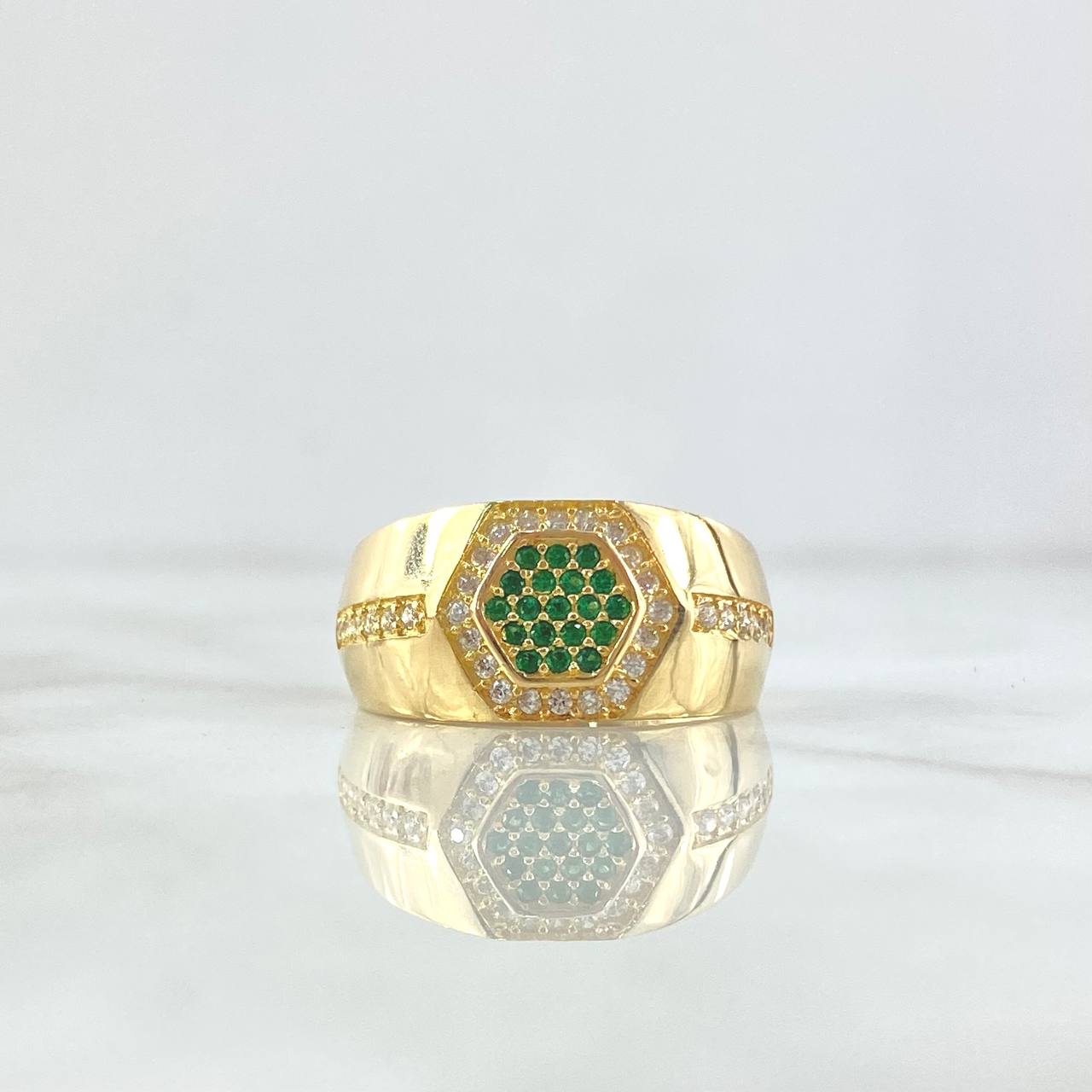Anillo Panal Hexagonal 5.9gr / T9 1/4 / Circones Blancos Y Verdes Oro Amarillo 18K