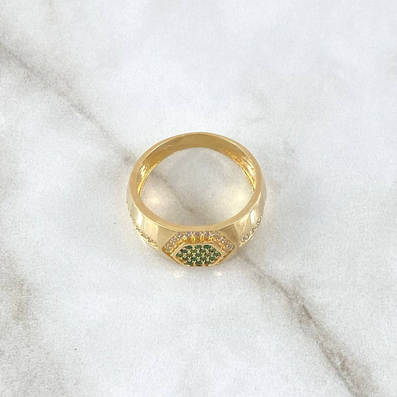 Anillo Panal Hexagonal 5.9gr / T9 1/4 / Circones Blancos Y Verdes Oro Amarillo 18K