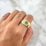 Anillo Panal Hexagonal 5.9gr / T9 1/4 / Circones Blancos Y Verdes Oro Amarillo 18K