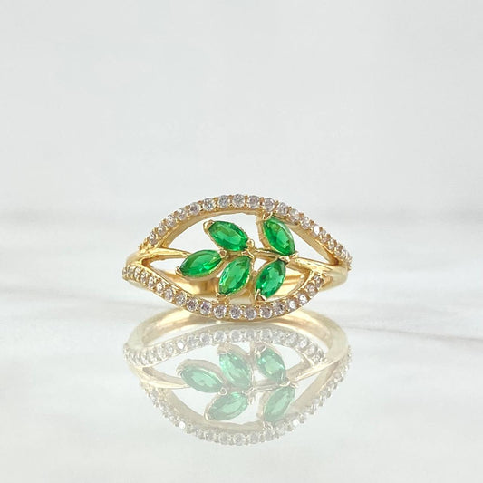 Anillo Rama En Olas 2.6gr / T6 1/4 / Circones Blancos Y Verdes Oro Amarillo 18K