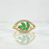 Anillo Rama En Olas 2.6gr / T6 1/4 / Circones Blancos Y Verdes Oro Amarillo 18K