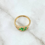Anillo Rama En Olas 2.6gr / T6 1/4 / Circones Blancos Y Verdes Oro Amarillo 18K