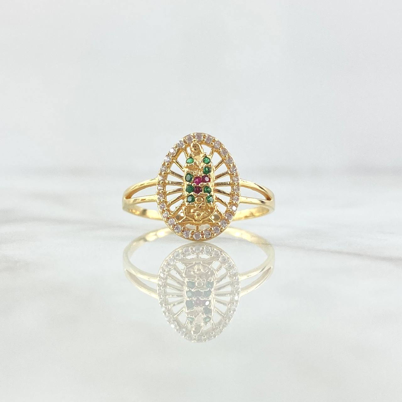 Anillo Virgen Guadalupe En Red 2.3gr / T9 3/4 / Circones Blancos Verdes Y Fucsias Oro Amarillo 18K