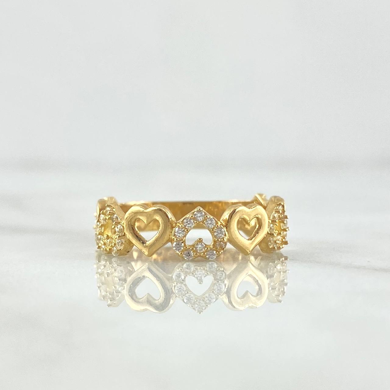 Anillo Corazones Intercalados 2.6gr / T6 1/2 / Circones Blancos - Lisos Oro Amarillo 18K *
