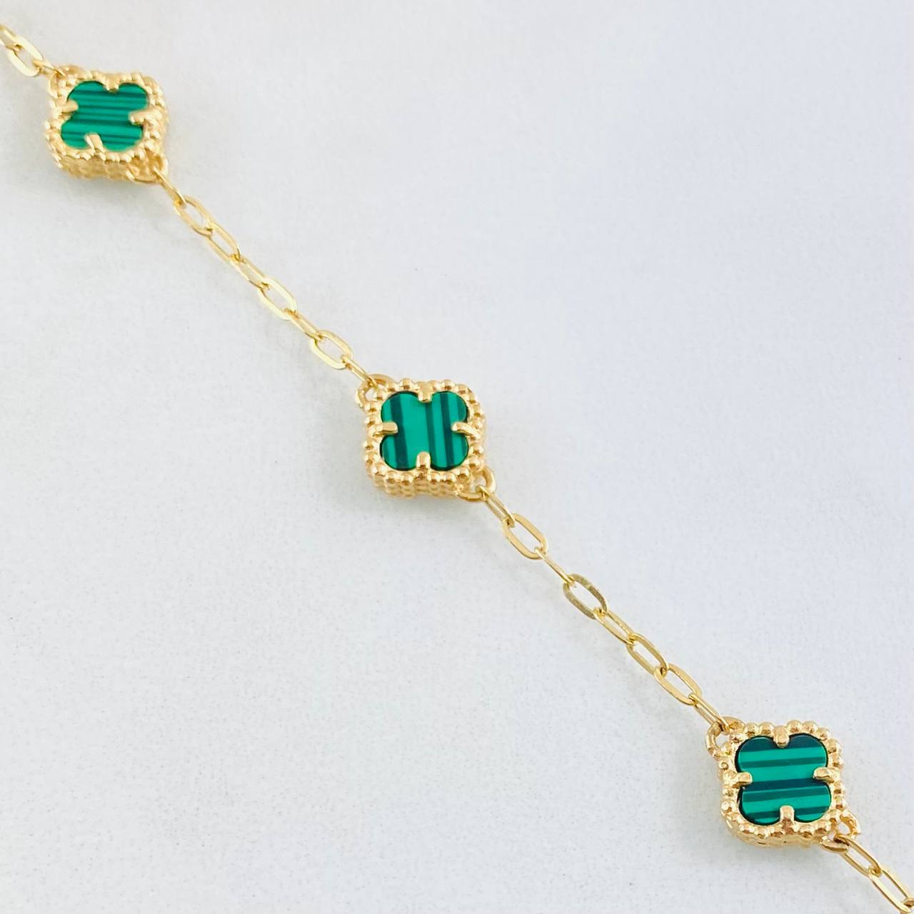 Pulso Aro seguido Trebol Malaquita Verde 5.25gr / 19cm-21cm / 10mm Oro Amarillo Nac.Esp. 18K