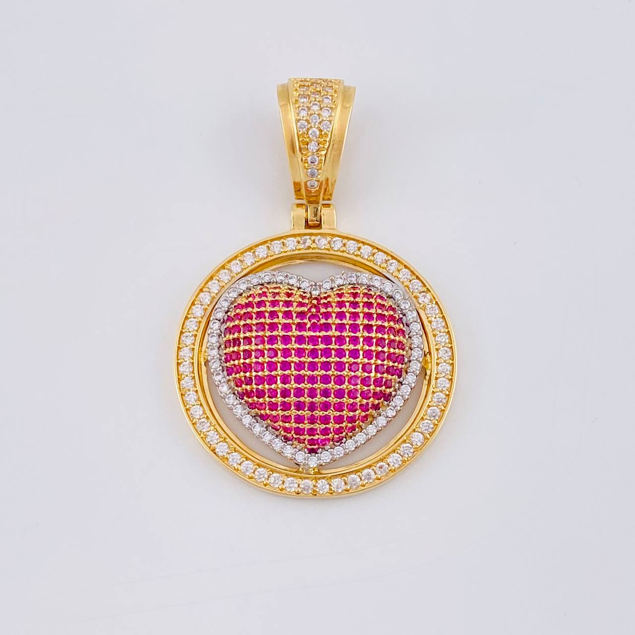 Dije Medalla Corazón Tupido 8.1 g / 4 cm Dos Oros Amarillo Blanco 18K