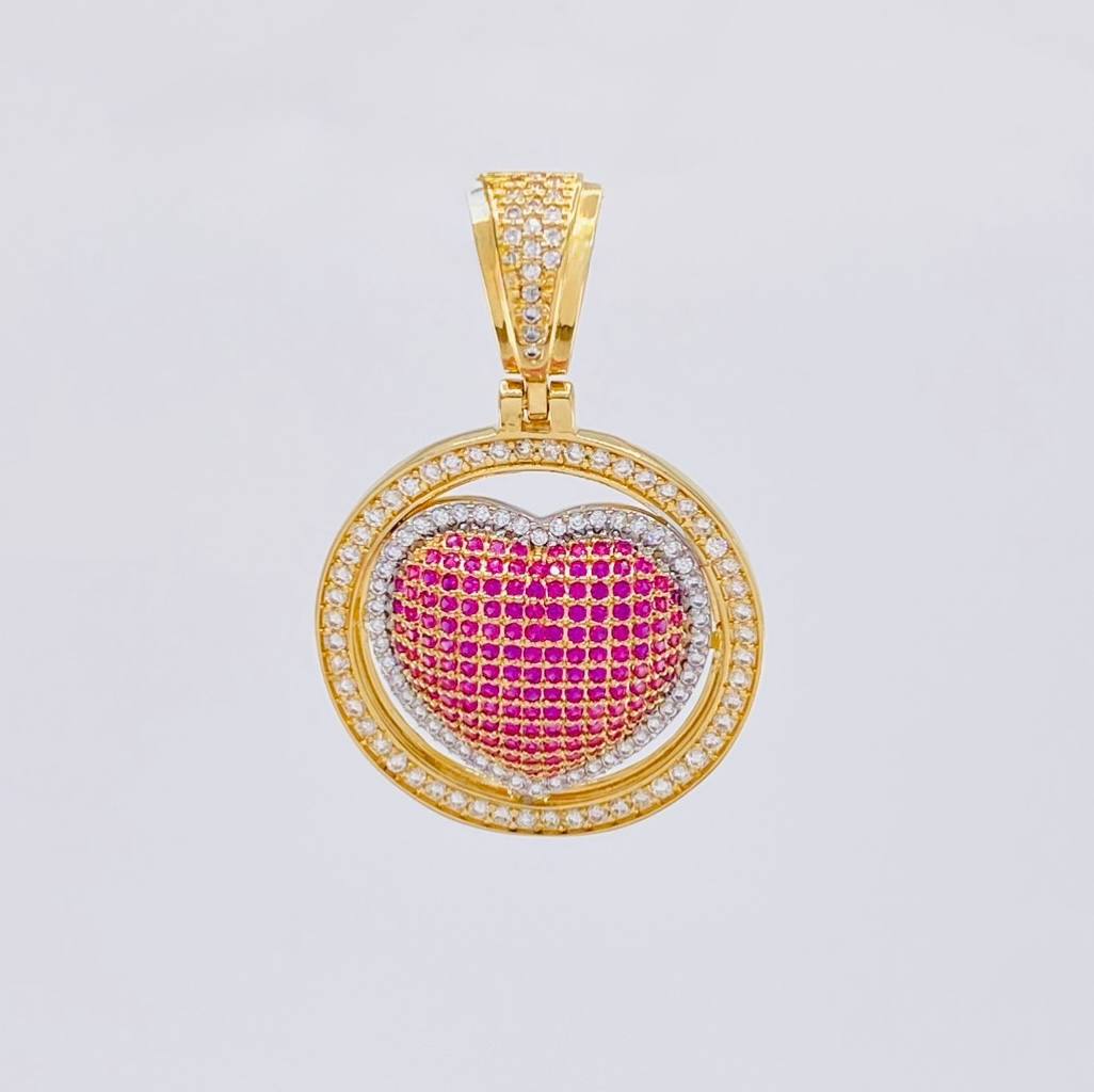 Dije Medalla Corazón Tupido 8.1 g / 4 cm Dos Oros Amarillo Blanco 18K