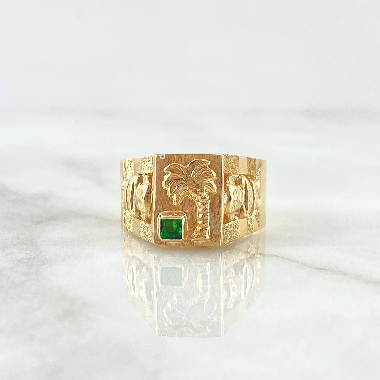Anillo Sello Palmera Quimbaya 4.35gr / T7 3/4 / Circon Verde Oro Amarillo 18K *
