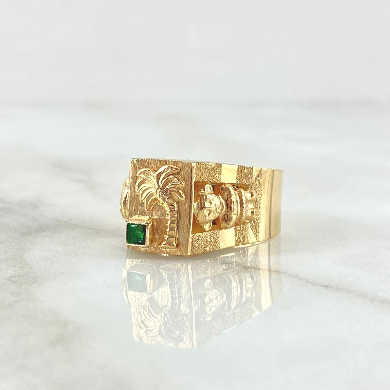 Anillo Sello Palmera Quimbaya 4.35gr / T7 3/4 / Circon Verde Oro Amarillo 18K *