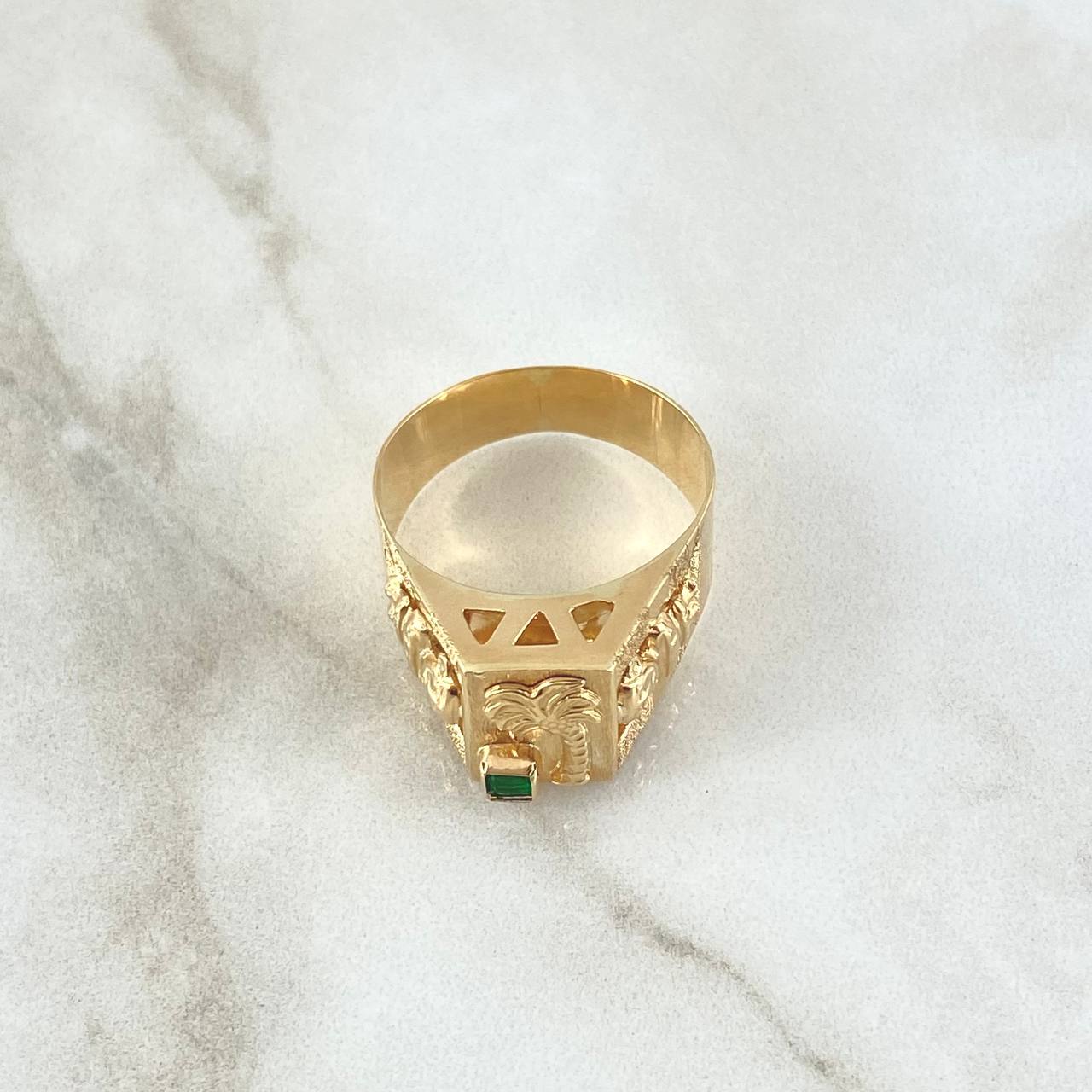 Anillo Sello Palmera Quimbaya 4.45gr / T9 / Circon Verde Oro Amarillo 18K *