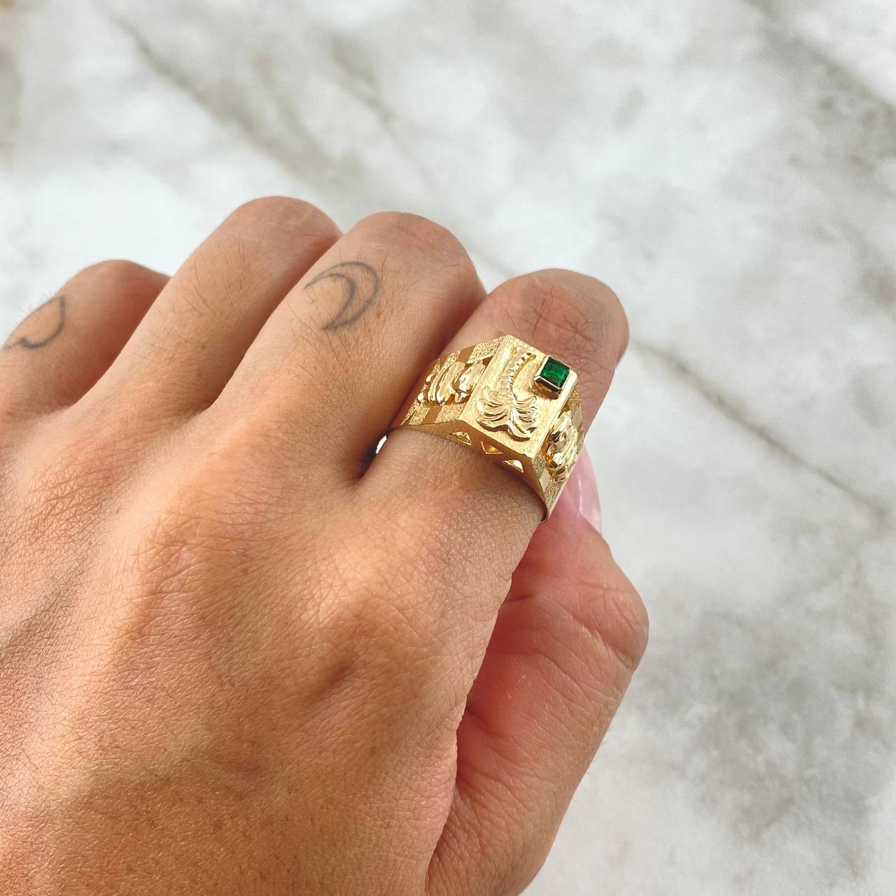 Anillo Sello Palmera Quimbaya 4.35gr / T7 3/4 / Circon Verde Oro Amarillo 18K *