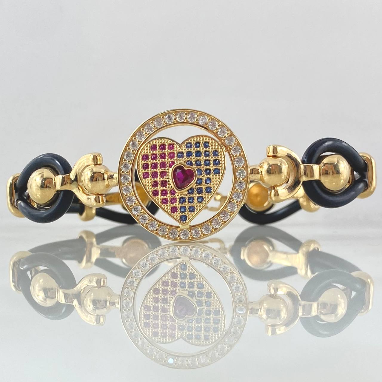 Pulso Aro Corazon Boyas Abstracta 19.8gr / 19cm / Correa Caucho Circones Triples Oro Amarillo 18K ©
