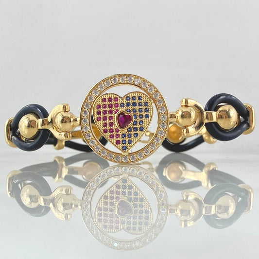 Pulso Aro Corazon Boyas Abstracta 19.8gr / 19cm / Correa Caucho Circones Triples Oro Amarillo 18K ©