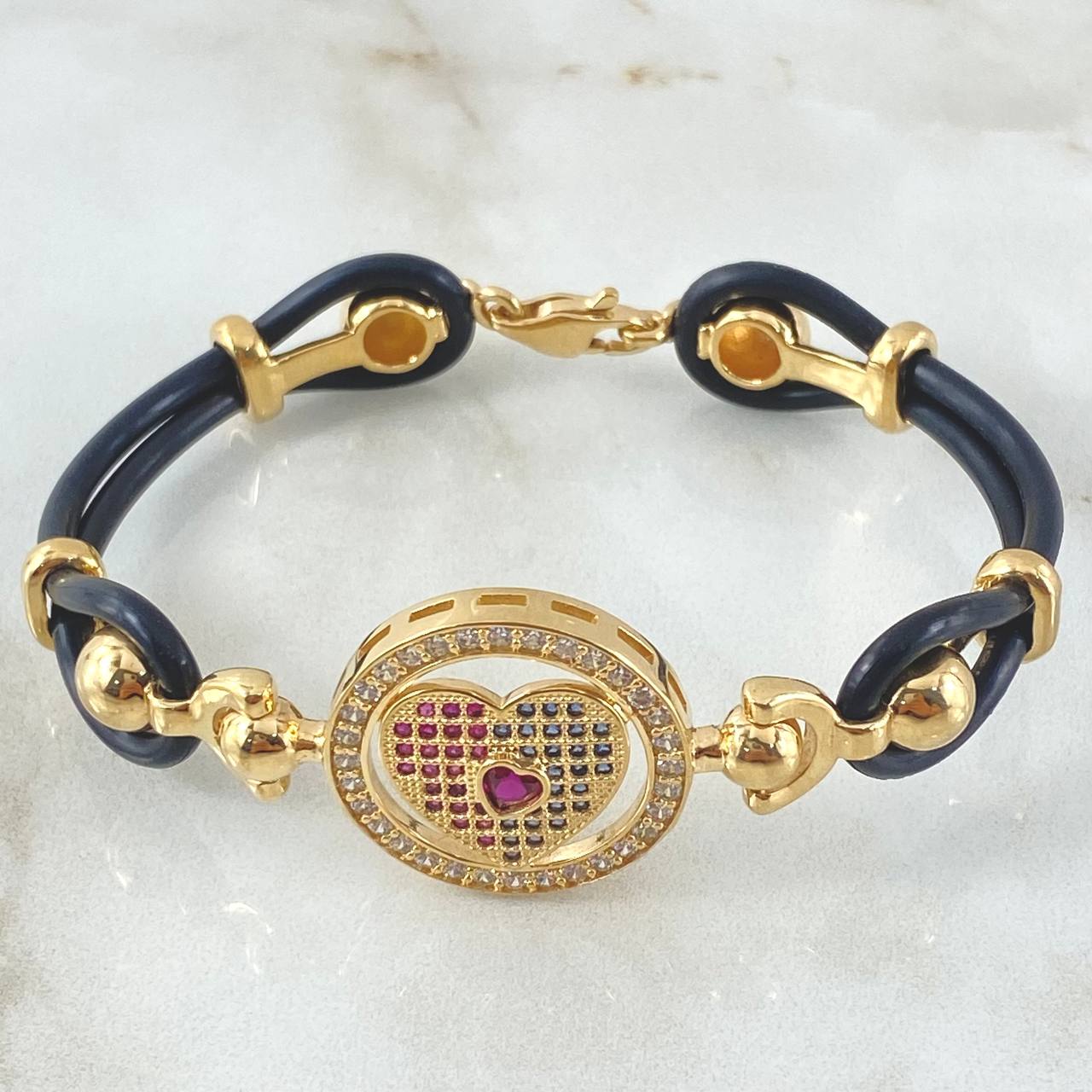 Pulso Aro Corazon Boyas Abstracta 19.8gr / 19cm / Correa Caucho Circones Triples Oro Amarillo 18K ©