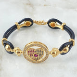 Pulso Aro Corazon Boyas Abstracta 19.8gr / 19cm / Correa Caucho Circones Triples Oro Amarillo 18K ©