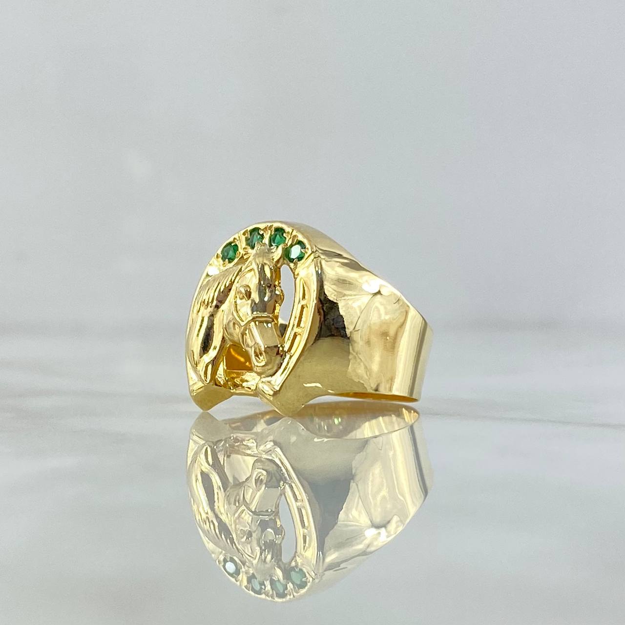 Anillo Sello Herradura Caballo 3.25gr / T9 1/2 / Circones Verdes Oro Amarillo 18K