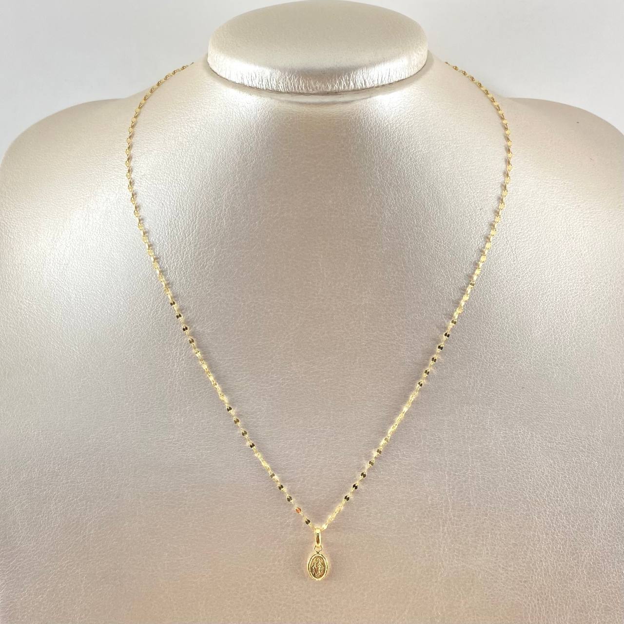 Set Cadena y Dije Flor Espejo + Virgen Milagrosa 1.3gr / Oro 18K (Oferta) *