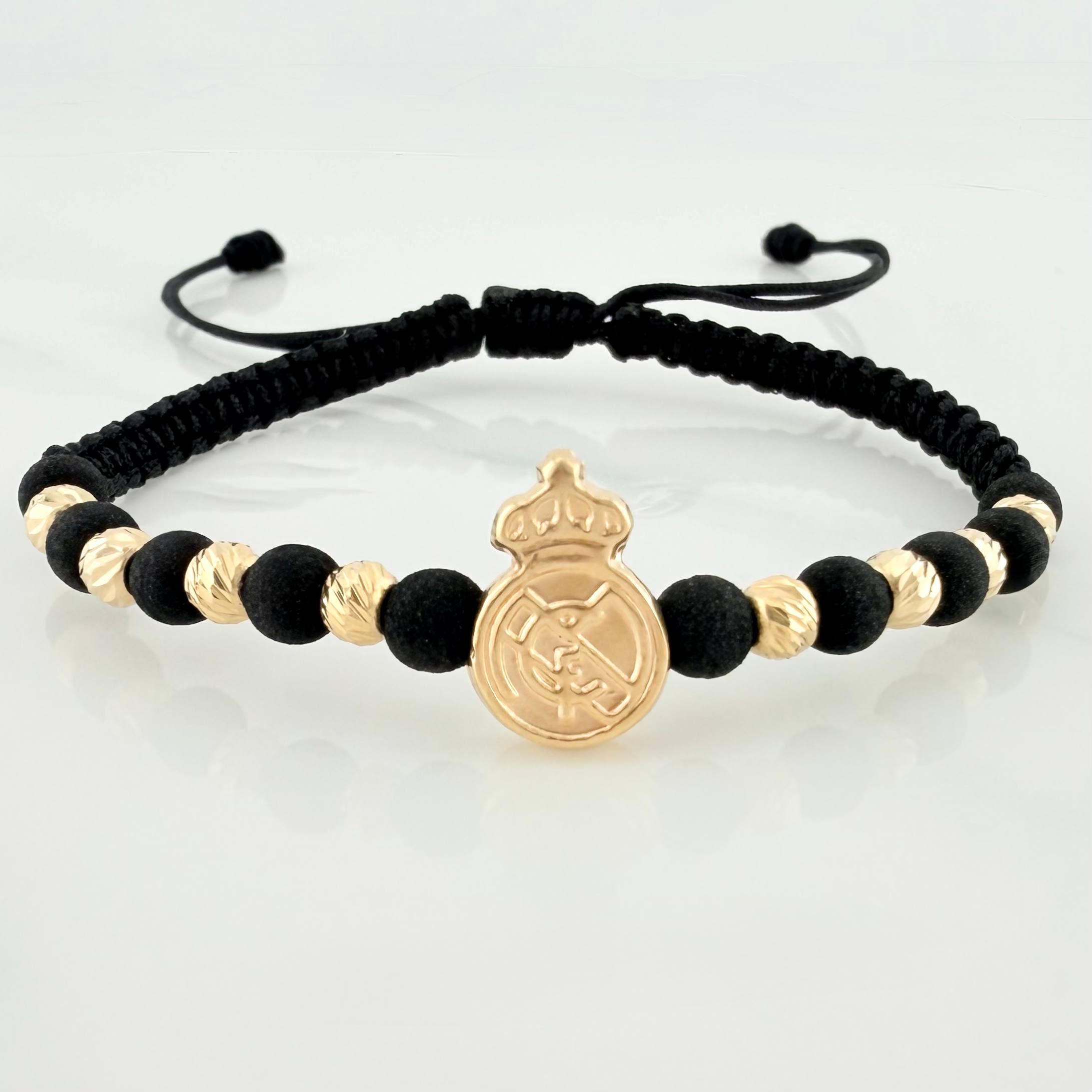 Pulsera Tejida Negra Escudo Real Madrid 4Mm 8 Und Oro Amarillo 18K