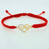 Pulsera Tejida Roja Corazón Mamá Dos Oros Amarillo 18K