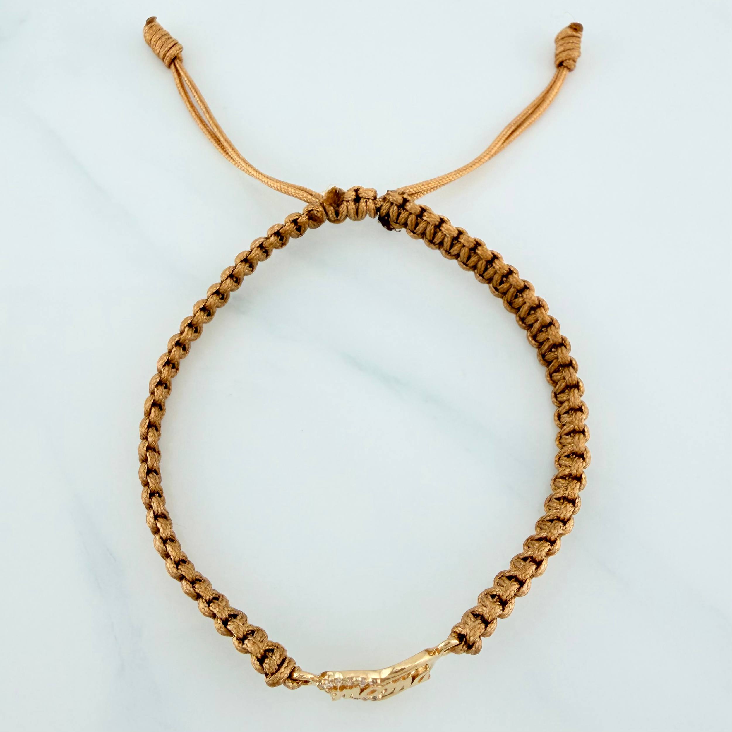 Pulsera Tejida Caqui Corazón Mamá Oro Amarillo 18K