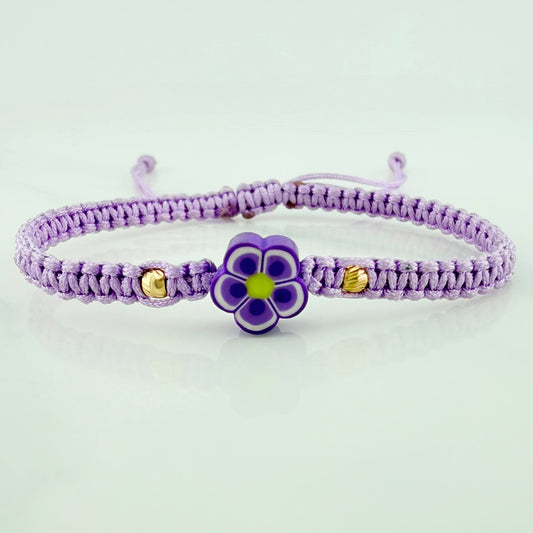 Pulsera Tejida Morada Flor 3Mm 2Und Oro Amarillo 18K