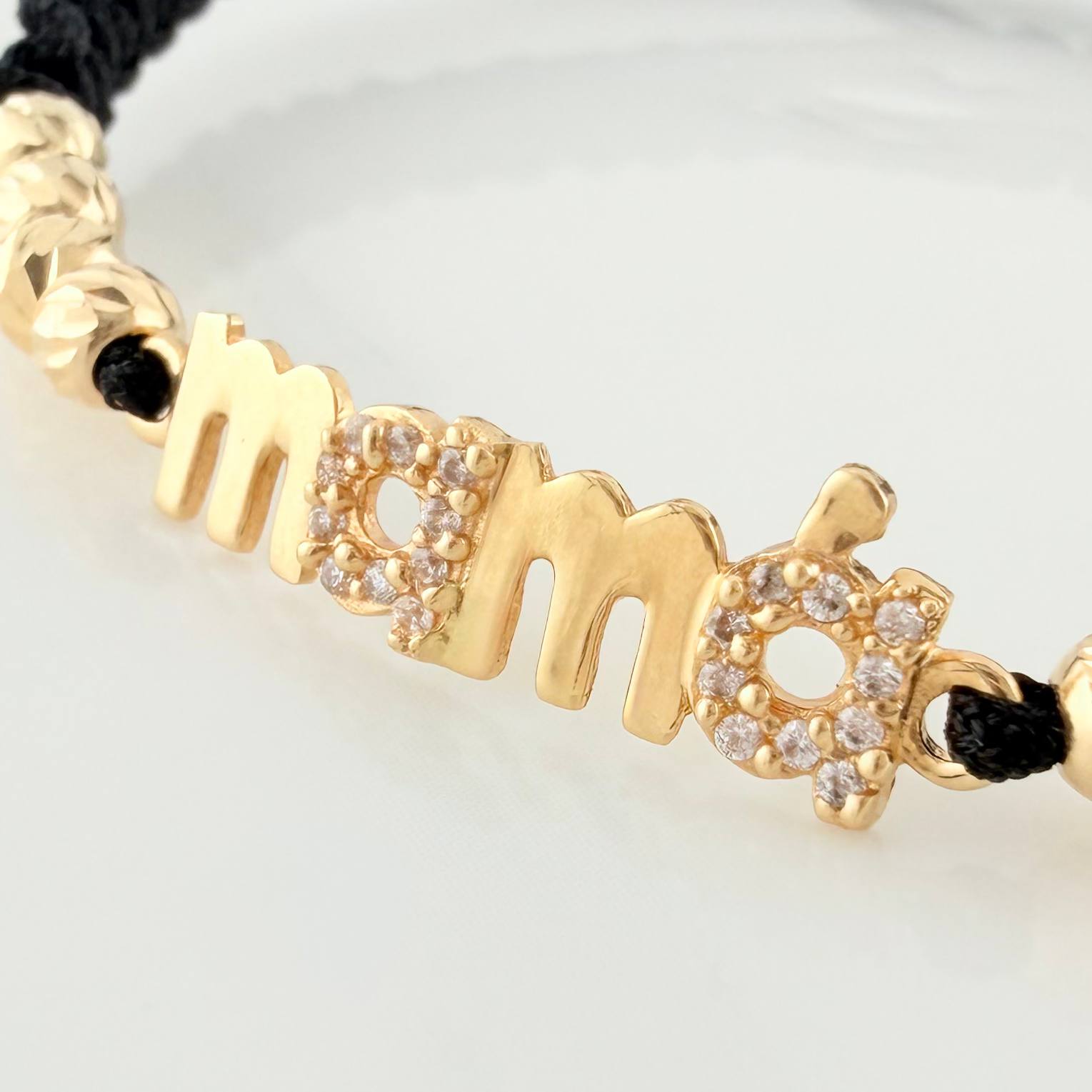 Pulsera Tejida Negra Mamá 4Mm 8 Und Oro Amarillo 18K