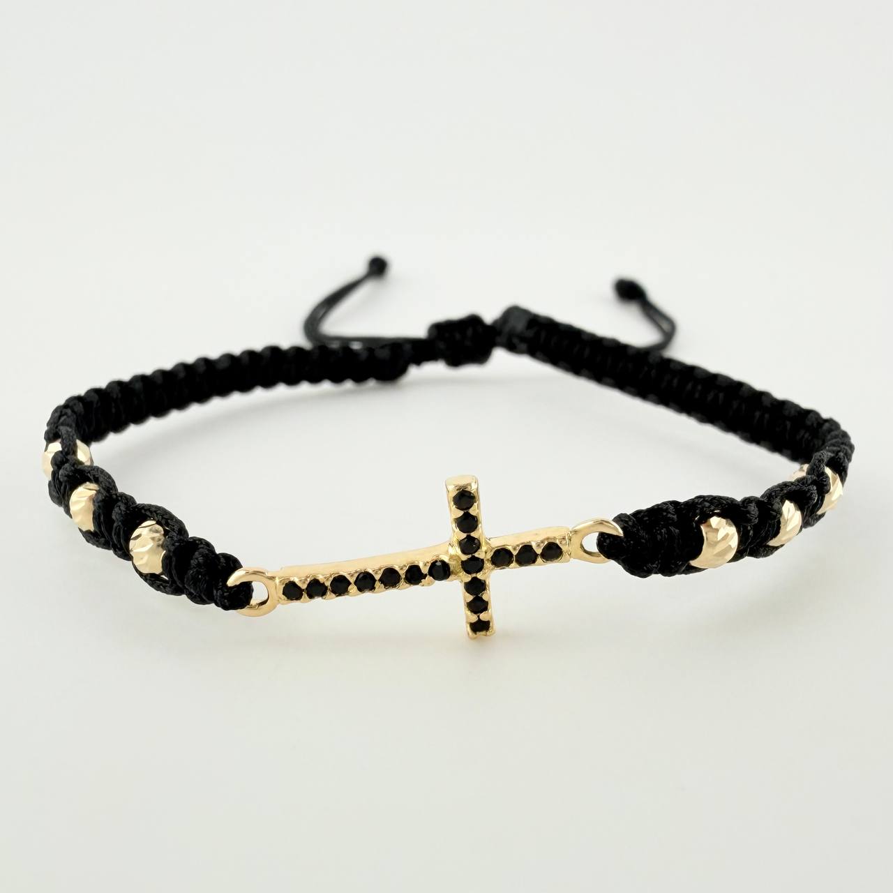 Pulsera Tejida Negra Herraje Cruz, 6 3Mm Diamantados Oro Amarillo 18K