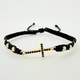 Pulsera Tejida Negra Herraje Cruz, 6 3Mm Diamantados Oro Amarillo 18K