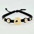 Pulsera Tejida Negra Herraje Herradura Caballo, 2 3Mm Lisos, 2 4Mm Lisos, 2 6Mm Lisos, 6 Und. Oro Amarillo 18K