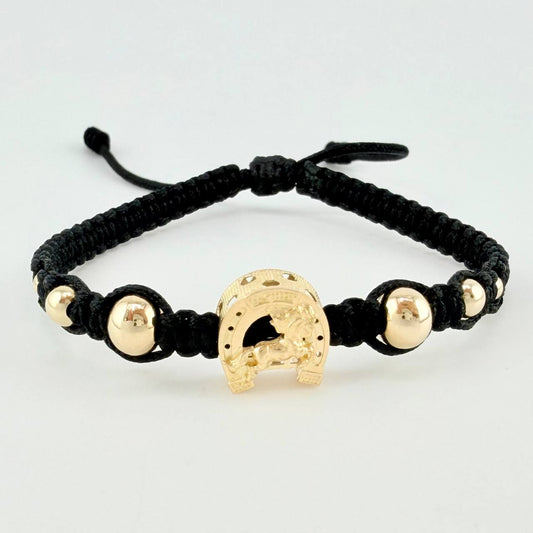 Pulsera Tejida Negra Herraje Herradura Caballo, 2 3Mm Lisos, 2 4Mm Lisos, 2 6Mm Lisos, 6 Und. Oro Amarillo 18K (A.C)