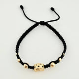 Pulsera Tejida Negra Herraje Herradura Caballo, 2 3Mm Lisos, 2 4Mm Lisos, 2 6Mm Lisos, 6 Und. Oro Amarillo 18K