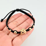 Pulsera Tejida Negra Herraje Herradura Caballo, 2 3Mm Lisos, 2 4Mm Lisos, 2 6Mm Lisos, 6 Und. Oro Amarillo 18K