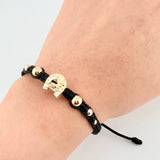 Pulsera Tejida Negra Herraje Herradura Caballo, 2 3Mm Lisos, 2 4Mm Lisos, 2 6Mm Lisos, 6 Und. Oro Amarillo 18K