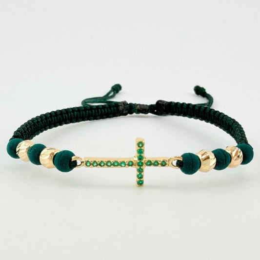 Pulsera Tejida Verde Herraje Cruz, 4 4Mm Diamantadas Oro Amarillo 18K (A.C)