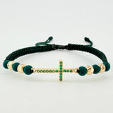 Pulsera Tejida Verde Herraje Cruz, 4 4Mm Diamantadas Oro Amarillo 18K (A.C)