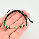 Pulsera Tejida Verde Herraje Cruz, 4 4Mm Diamantadas Oro Amarillo 18K (A.C)